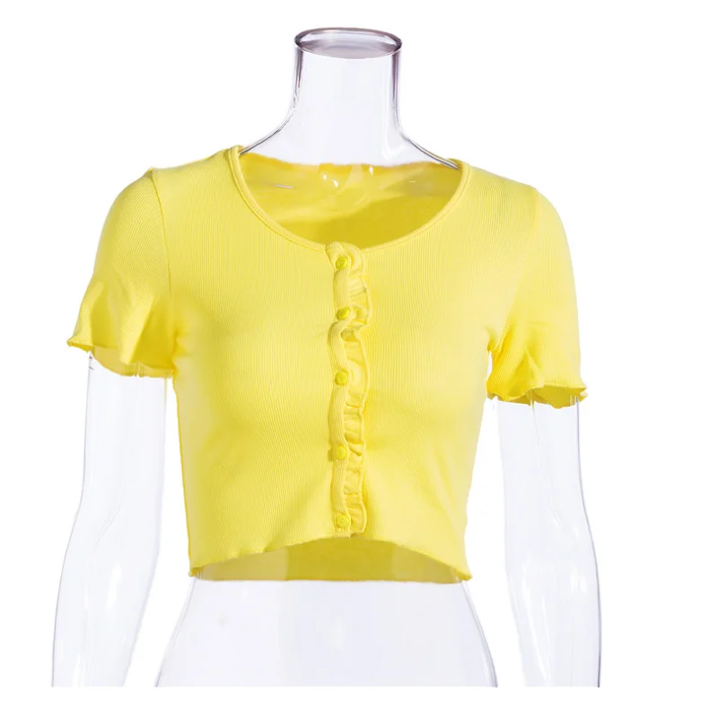 

T-shirt 2021 Summer Women's Short Sleeve Ruffle Solid Color Round Collar Fashion Sexy Slimming Casual Female Knitted Short Tops