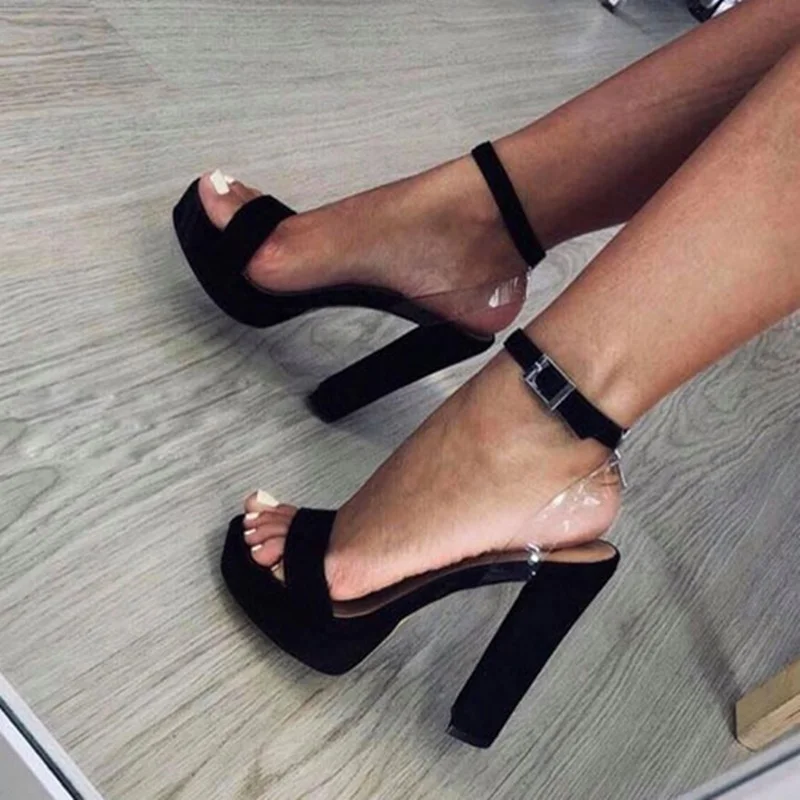 

Сексуальная прозрачная обувь из ПВХ в стиле пэчворк на массивном каблуке, цвет черный, замша, квадратный каблук, обувь с ремешком на щиколотке, летняя обувь с открытым носком