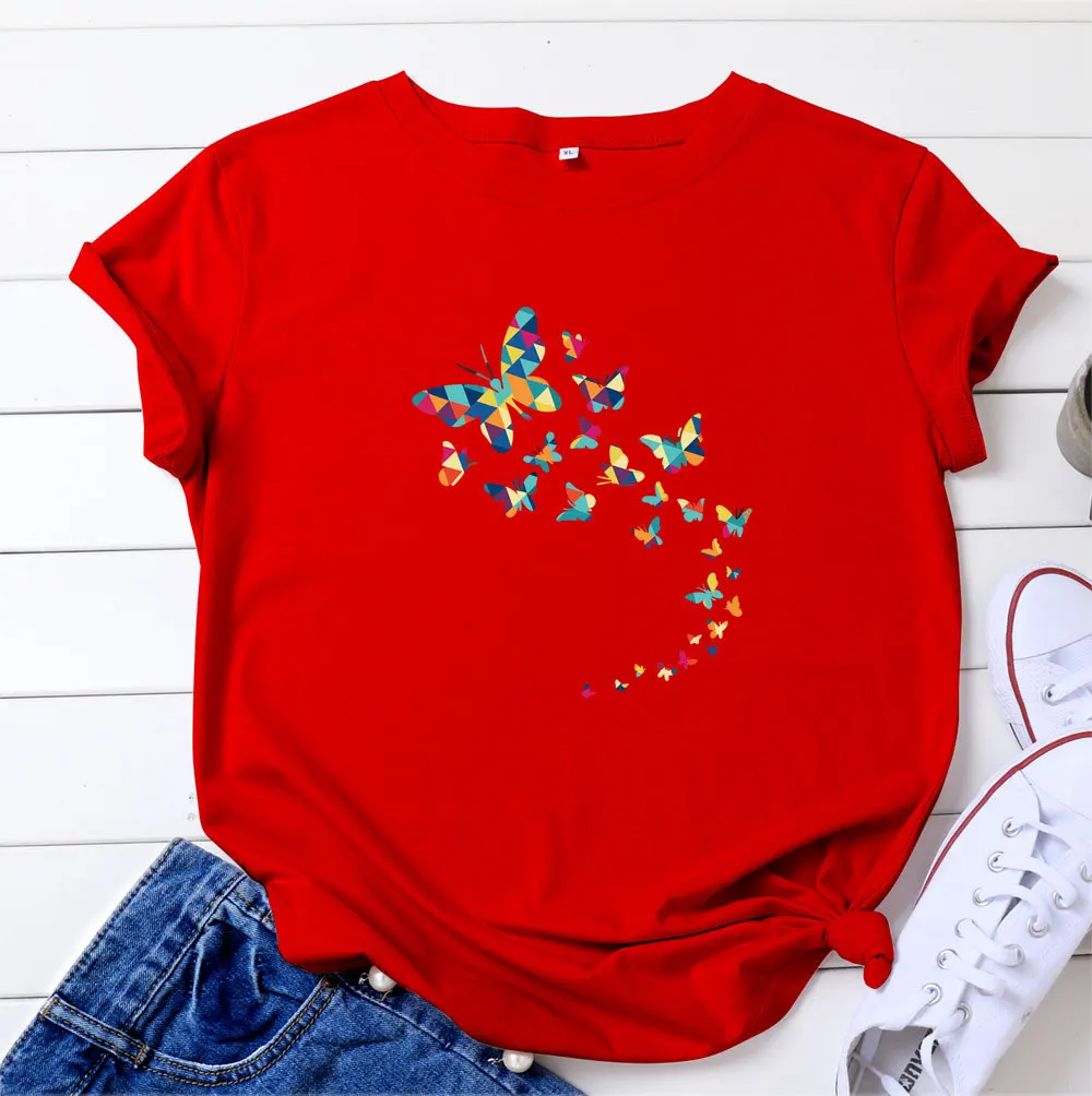 

Butterfly Print T-shirt Oversized O-neck Short Sleeve Graphic T-shirt 100% Cotton Summer Women's Black Top