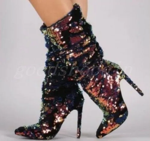

Fashionable pointed sexy colorful Sequin pointed high heel boots
