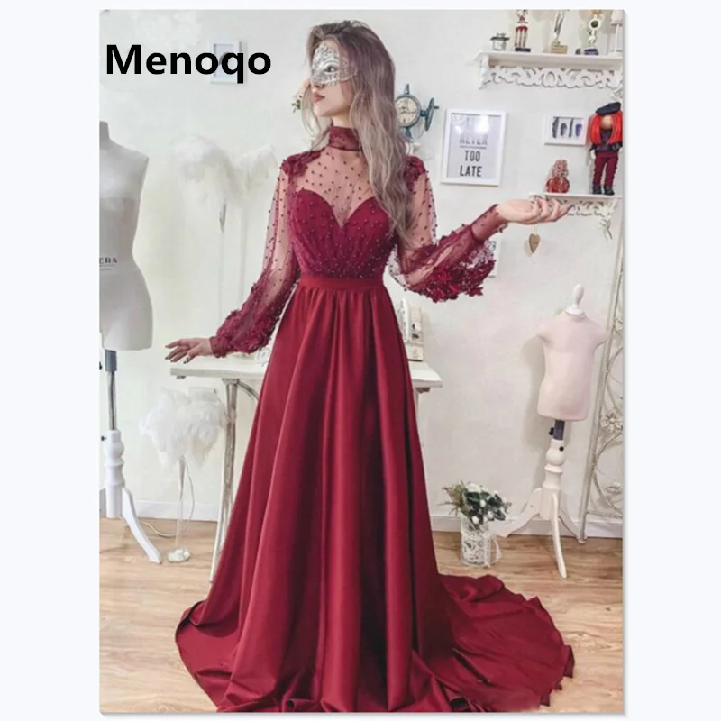 Бордовое платье для выпускного вечера с бусинами длинное вечернее пышными