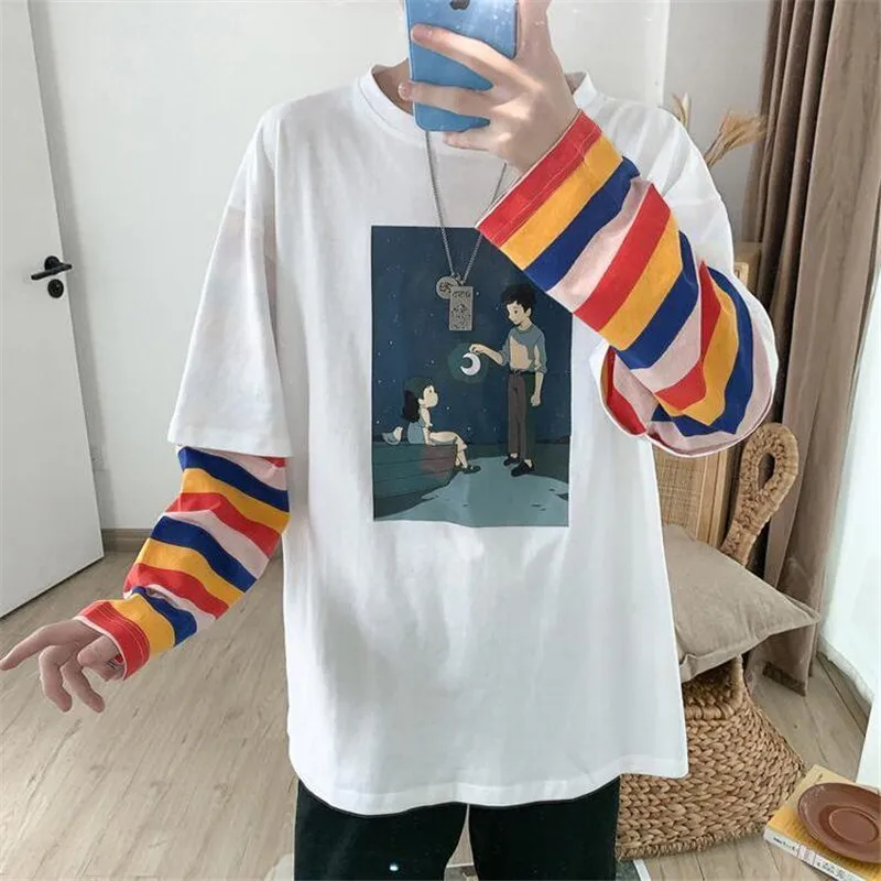 

Patchwork Long Sleeve Korean Harajuku Oversized T Shirts Fashion Tee Streetwear Japan High Street Men Rainbow Sleeve T Shirt