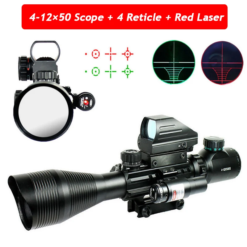New 4-12X50EG Red Green Illuminated Rifle Scope Hunting Reflex Red/Green Dot 4 Reticle Holographic Projected Sights | Спорт и