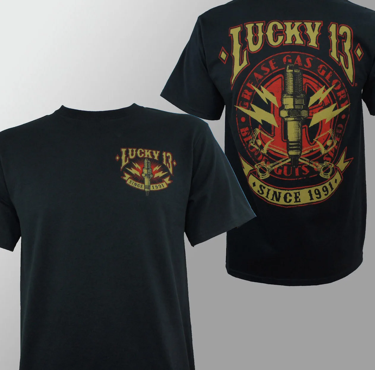 Футболка с круглым вырезом Оригинальная футболка Lucky 13 Amped смазка газ слава кровь