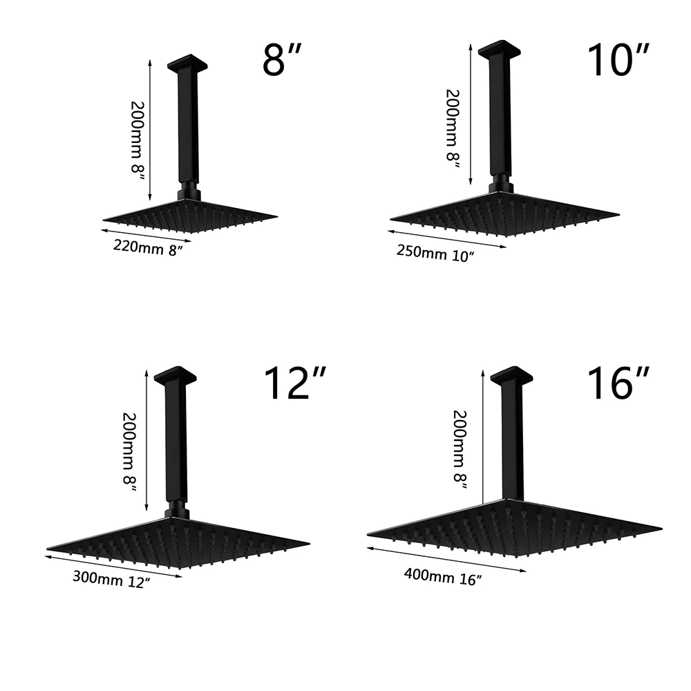 Насадка для душа YANKSMART с LED-светильник кой матовая черная 8/10/12/16 дюймов |