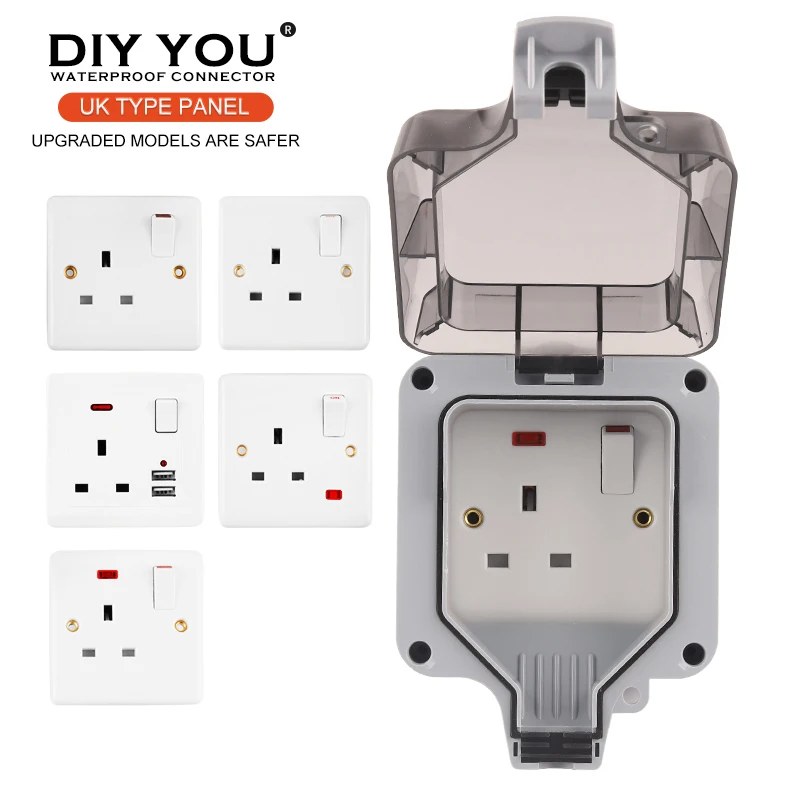 

IP66 UK Standard Suitable large plug Waterproof Outlet Outdoor Power Socket Wall Switch Socket With USB Light For Home Garden
