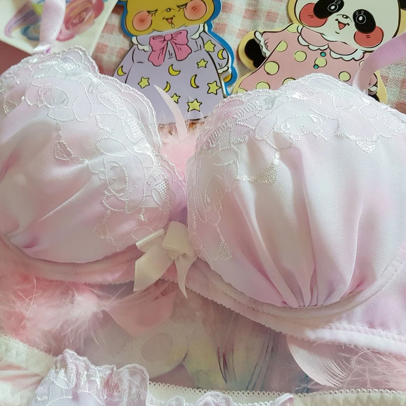 Japanese Cute Embroidery Pink Bra & Panties Set Underwire Soft Underwear Sleep Intimates Set Kawaii Lolita Sweet Intimates Set