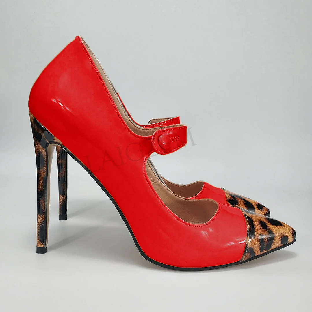 Red Leopard LAIGZEM/женские туфли на каблуке-шпильке в стиле пэчворк; Туфли Mary Jane на каблуке с острым носком для вечеринки; женские туфли-лодочки; г.; большие размеры 45, 46, 47 - Цвет: Red Leopard