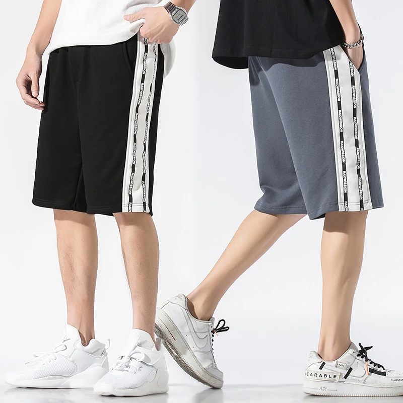 Мужские уличные шорты с полосками сбоку летние хлопковые в стиле хип хоп черные