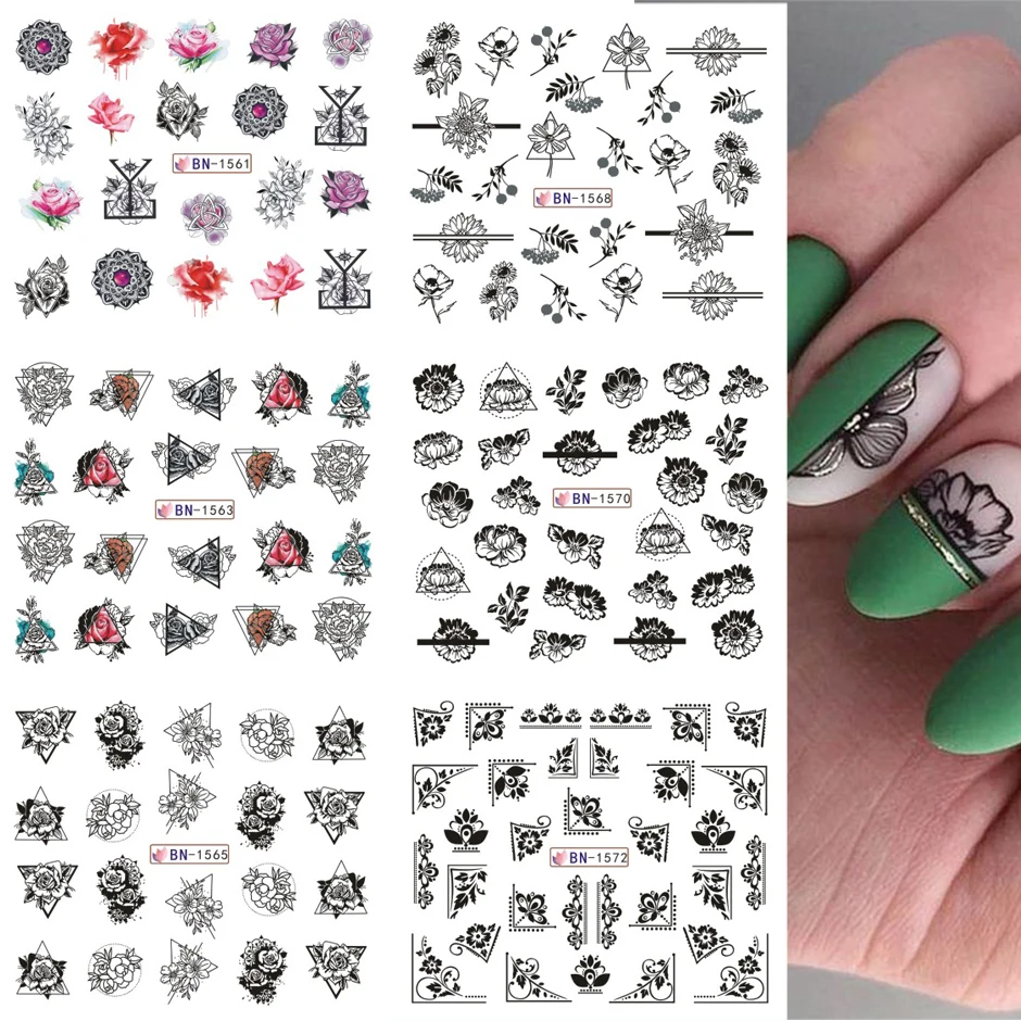 

NEW 12pcs Water Nail Stickers Decals Black Flower Leaf Rose DIY Water Slider Manicure Decoration Set for Nails Tips