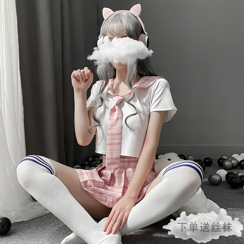 

В стиле "Лолита", сексуальная ночная рубашка, розового цветов с темно-синими матросские Костюмы мини-юбка на липучке наряд Для женщин Косплэ...