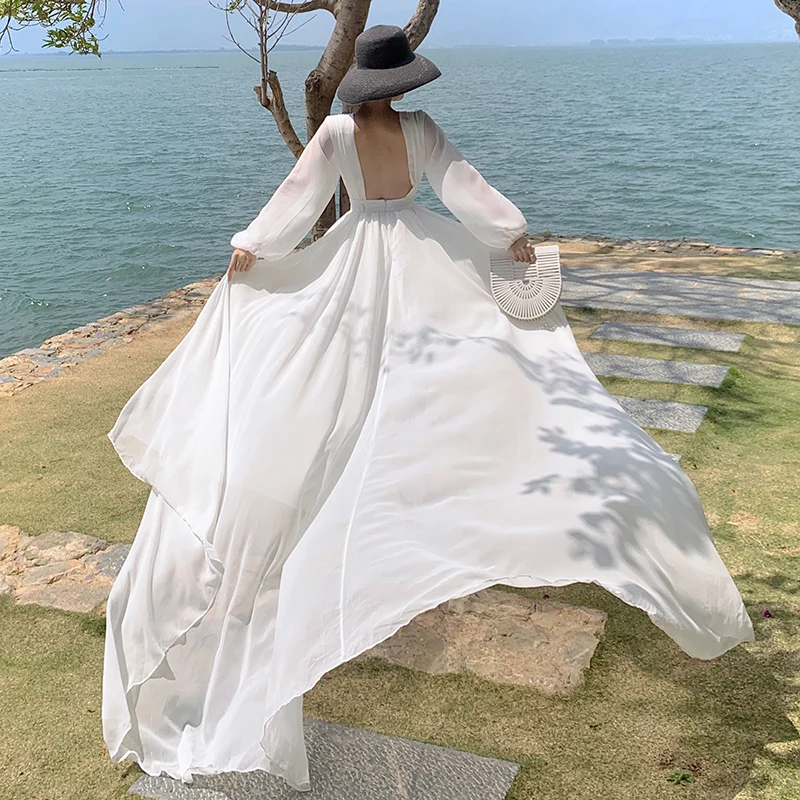 

Dress Women Plus Size Fashion Clothing Chiffon Bohemian Pleated Summer Empire Solid Boho Long Maxi Vintage Elegant High Quality