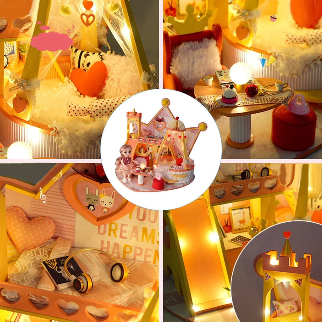

Wood Doll House Kit with Led Light with Toys for Girls Boys Adult