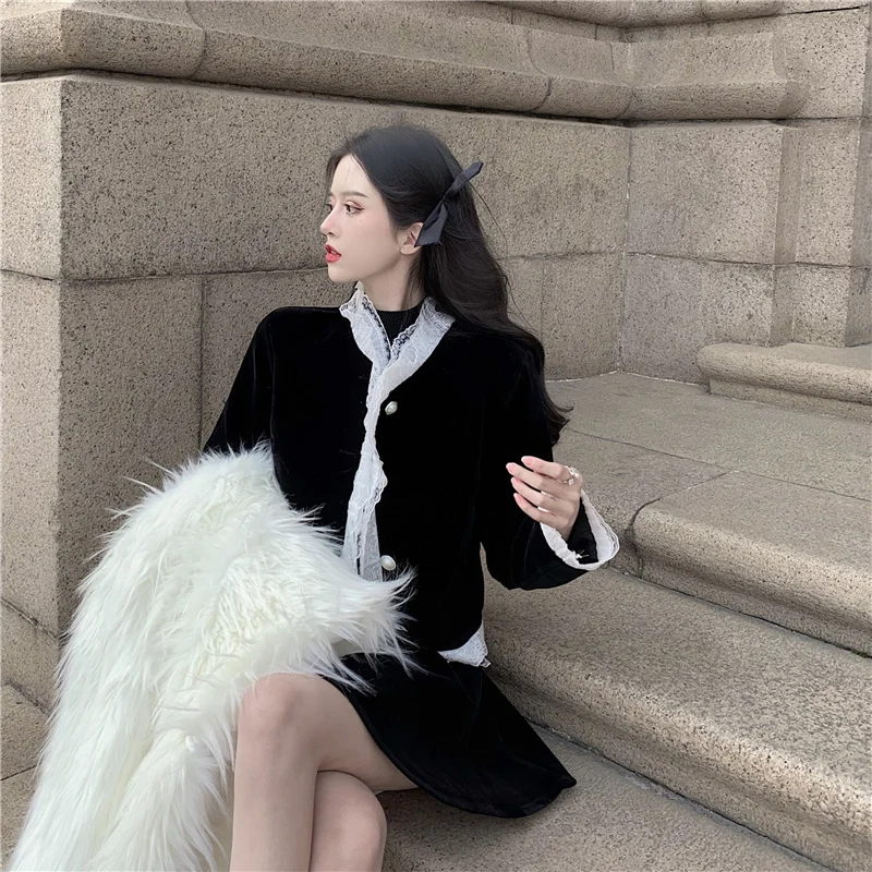 Стильный Шикарный ретро-комплект Осеннее кружевное короткое пальто с