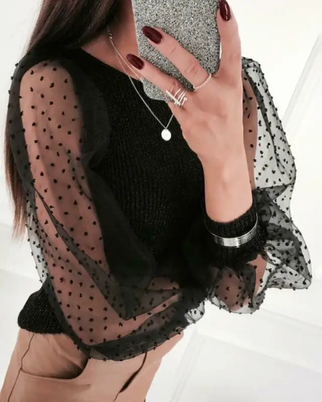 

New 2020 Womens Sheer Casual T-shirts Lady Mesh Dot Puff Sleeve Blouse Slim Sweater Tops