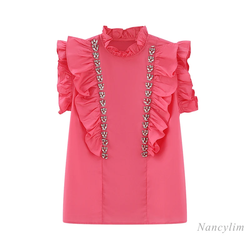 Sleeveless Ruffled Collar Beads Rhinestones Pink Shirt Women 2021 Spring Summer Retro Korean Style Pullover Blouse Blusas