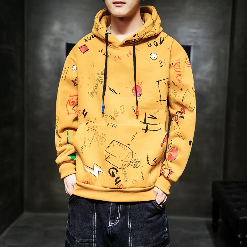 

Men 's Hoodies 2021 Spring Male Sweatshirt Japanese With Print Oversized Yellow Anime Hoodie Couple Clothing Sweatshirts