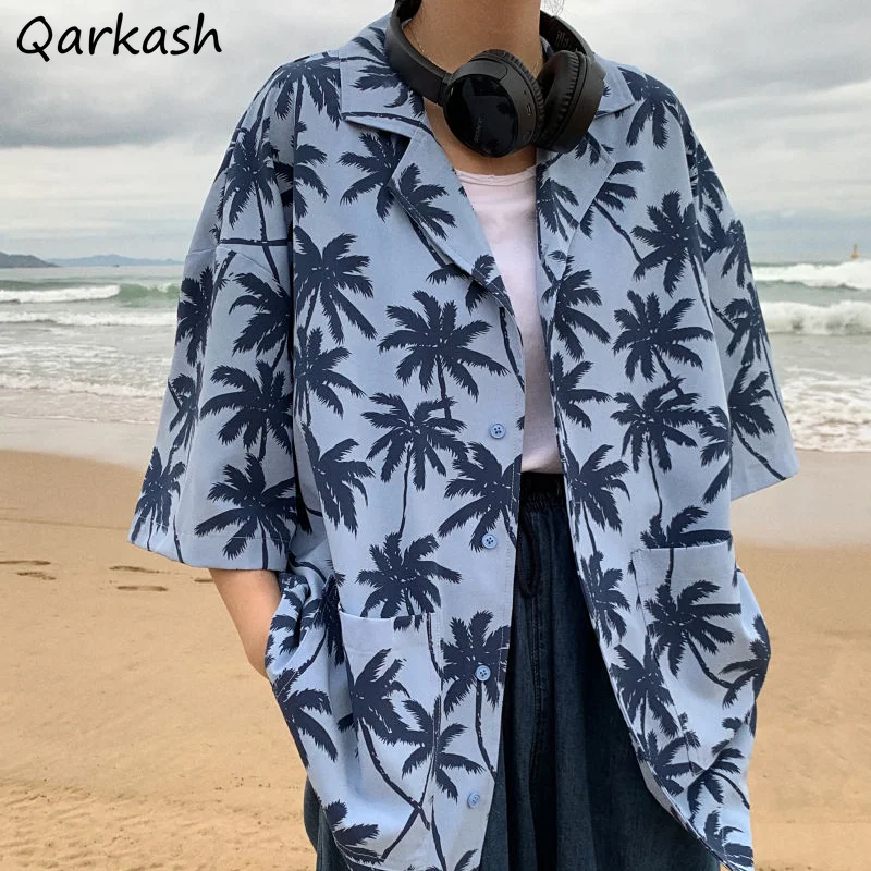 

Shirts Women BF Loose Turn-down Collar Cool Unisex Blusas Lazy Blue Printed Half Sleeve Pockets Streetwear Harajuku Couple Retro
