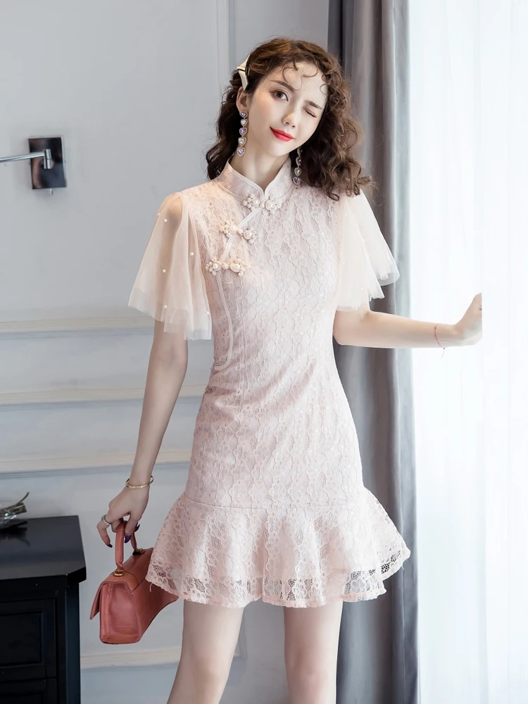 

2021 китайское традиционное платье qipao, кружевное платье рыбий хвост, юбка qipao, женское элегантное вечернее платье, нежное тонкое платье Ципао