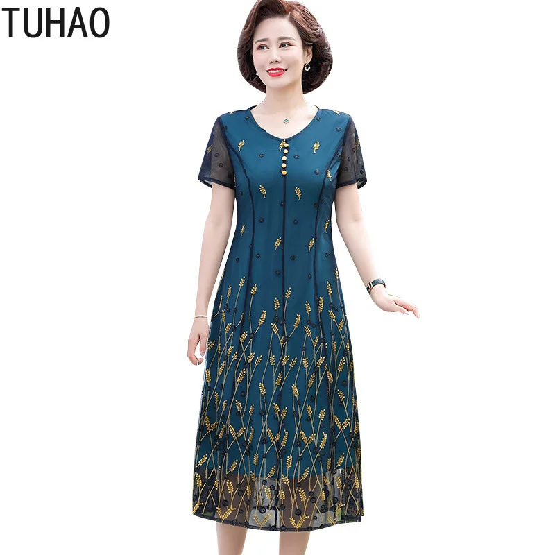 

TUHAO Mother Mom Plus Size Vintage Dress Large Size 4XL 3XL 2021 Summer Short-sleeved Chiffon Dress Middle-aged Women's Dress