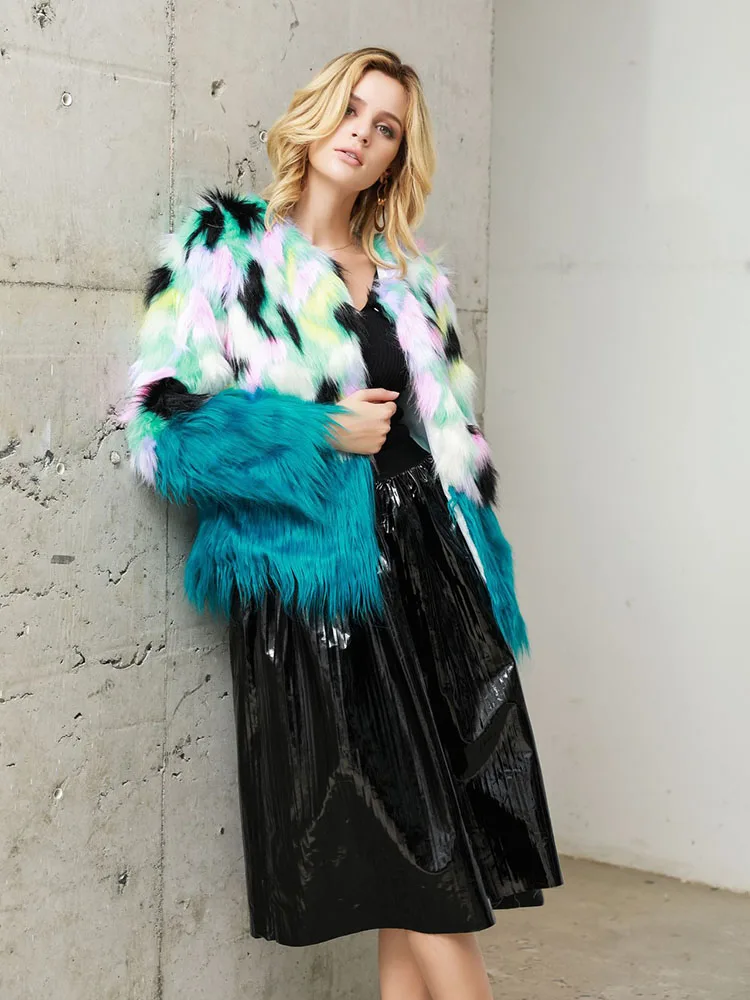 Faux Fox Fur Coat Stitching Plush Thickened Fluffy Jacket Winter Women's Clothing High Quality Teddy Luxury Warm Fashion Brand