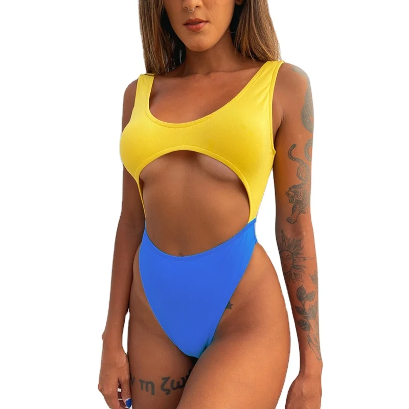 

European and American Sexy Plunge Swimwear Thong One Piece Swimsuit Women Tummy Cut Swimsuits High Cut Monokini Drop Ship 2022