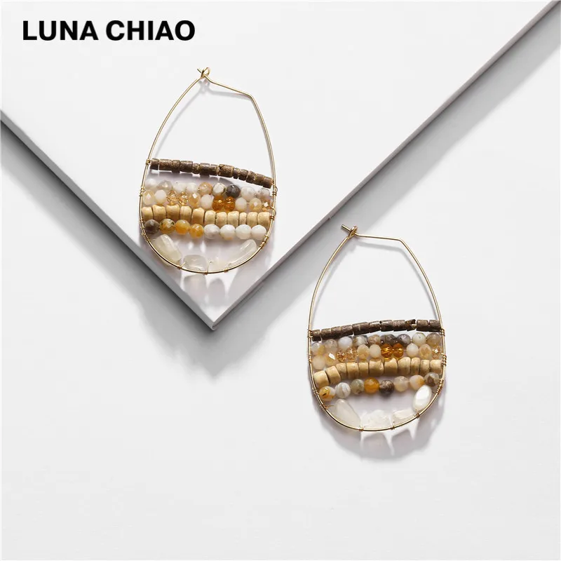 Yellow LUNA CHIAO осень зима большие серьги кольца дерево натуральный камень бисером Boho массивные серьги для женщин - Окраска металла: Yellow