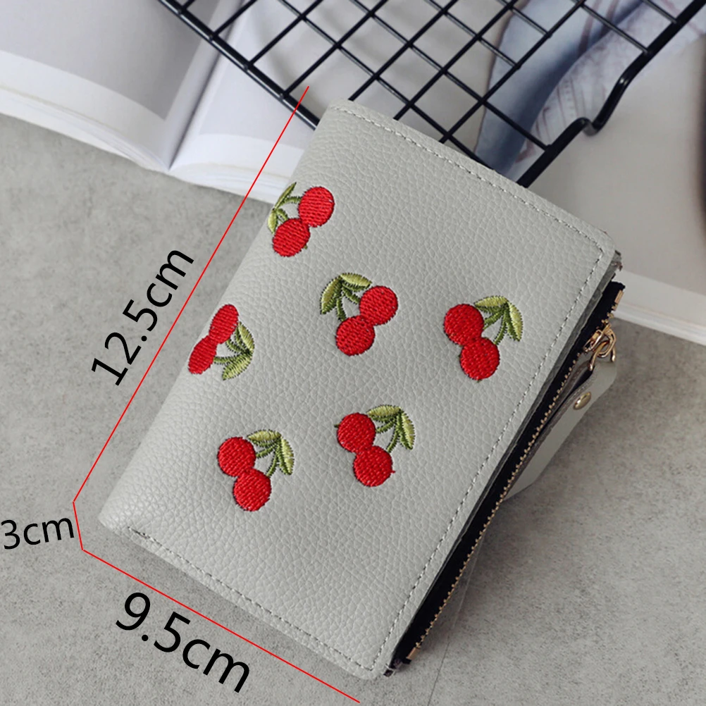 

Fashion Women Girls Short Wallet Small PU Leather Cherry Embroidery Coin Purse Card Holders Lady Girl Mini Money Bag