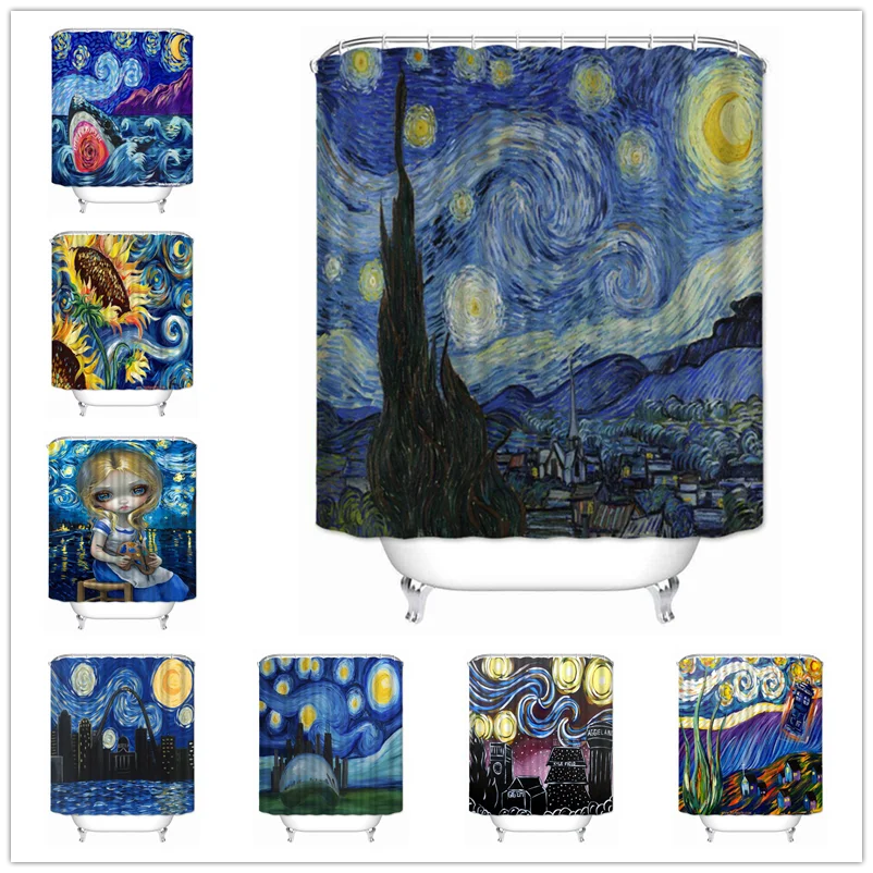 Musife özel yüksek kaliteli Van Gogh yıldızlı gece duş perdesi su geçirmez banyo Polyester kumaş banyo perdesi