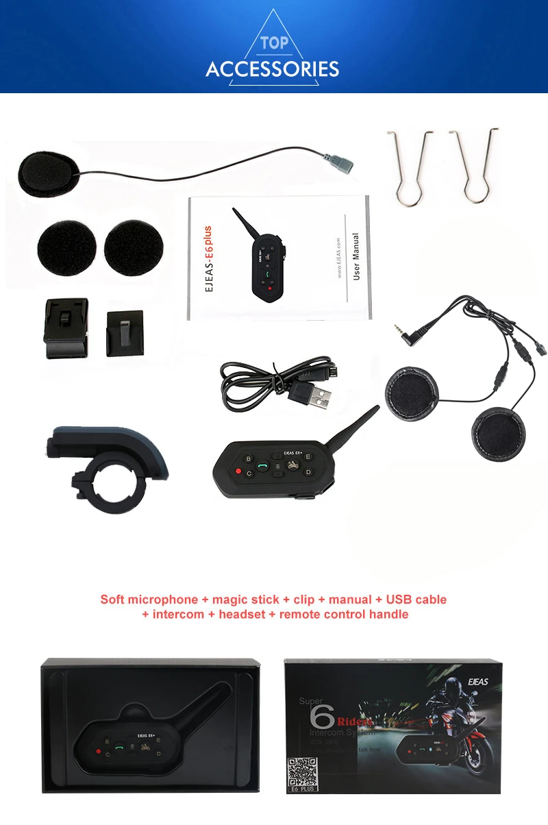 

1200M EJEAS E6 Plus Motorcycle Intercom Communicator Bluetooth Helmet Interphone Headsets VOX with Remote Control for 6 Riders