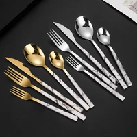 5pcs stainless steel tableware cutlery set knife dessert fork spoon teaspoon with marble handle dinnerware kitchen accessories