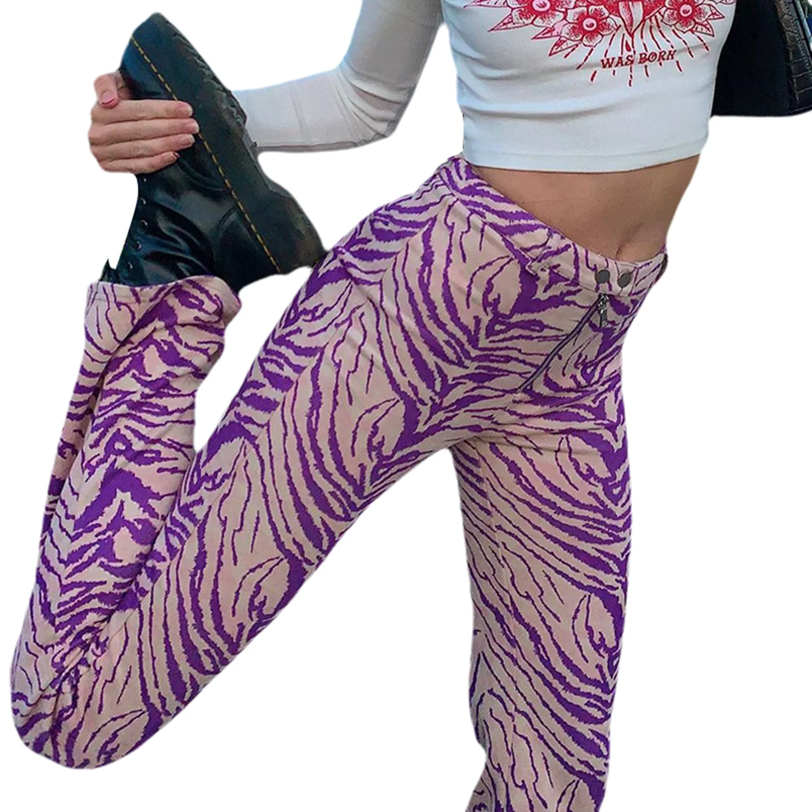 

DEWADBOW Zebra Print Flare Pants Women Y2K Full Length Purple Trousers High Waist Button Zipper Party Outfits Club Bell Bottoms