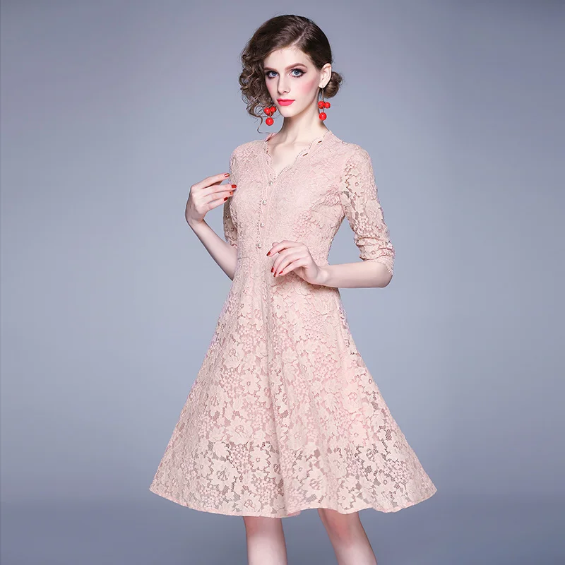 

2022 Spring Autumn Women's Dress French Retro V-neck Solid Color Lace Stitching Dress New Female Waist Dresses X850