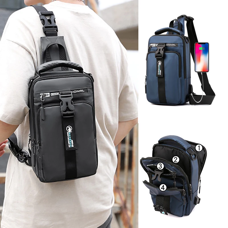 Мужской нейлоновый рюкзак модный на лямках нагрудный с usb портом для зарядки
