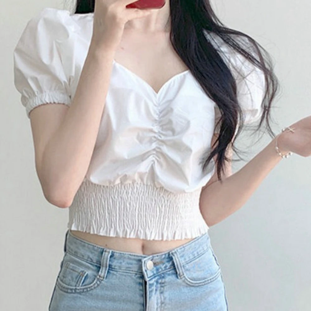

Sexy Women White Blouse Elastic Waist Crop Tops