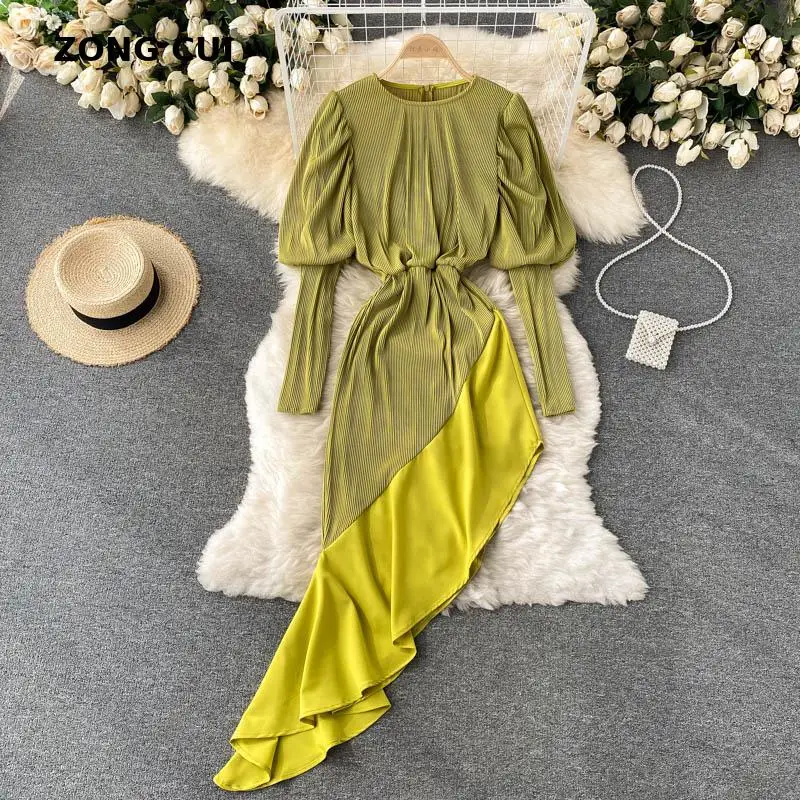 

Spring Autumn Women Retro Fashion Designer Irregular Dress 2021 O-neck Puff Sleeve Collect Waist Solid Color Party Club Dress