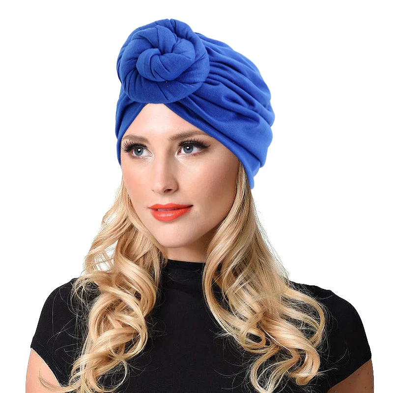 

Fashion Women Elastic Knotted Turban Solid Color Stretchy Beanies Hat Chemo Cap Head Wrap Muslim Headscarf Wholesale