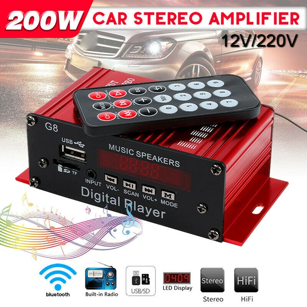 

Micro G8 200W 12V Car Audio Amplificador HIFI Audio Power Amplifier bluetooth Home Stereo Amplifiers FM Radio 2CH USB TF AUX