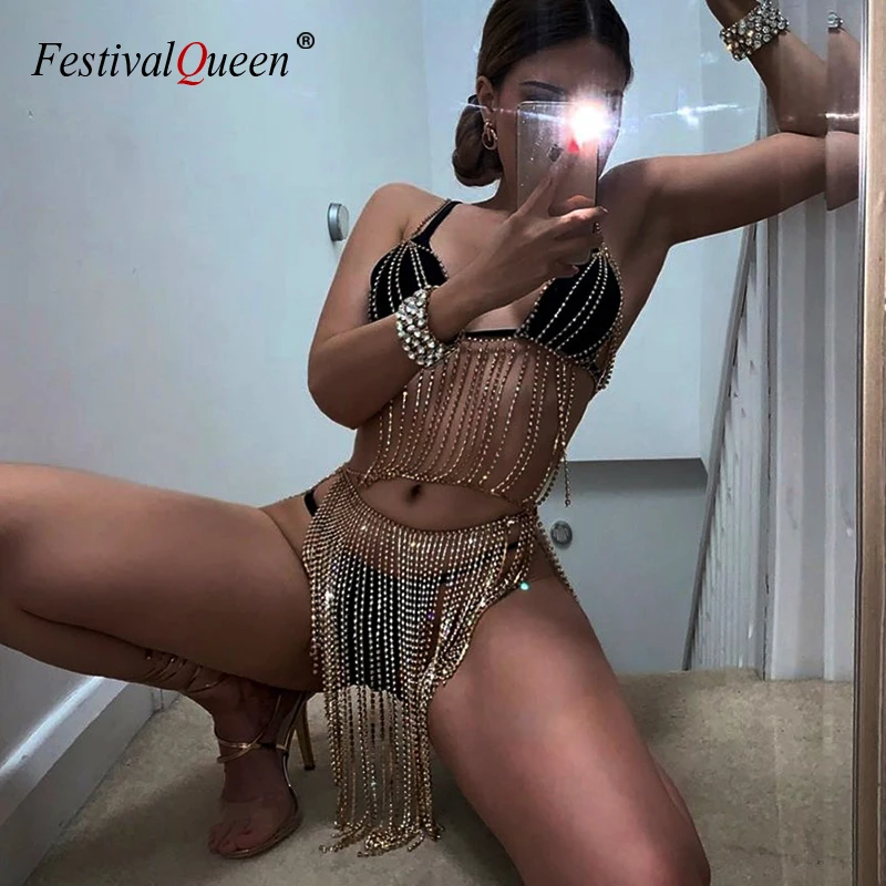 FestivalQueen, сексуальные роскошные стразы, металлическая цепочка, юбка и глубокий v-образный вырез, топ, золото, серебро, открытая спина, для ночного клуба, 2 предмета, женские комплекты