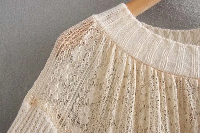 ZA women winter sweaters o-neck lace patchwork long sleeve knitted pullover 2019 new autumn casual loose elegant cream sweater | Женская