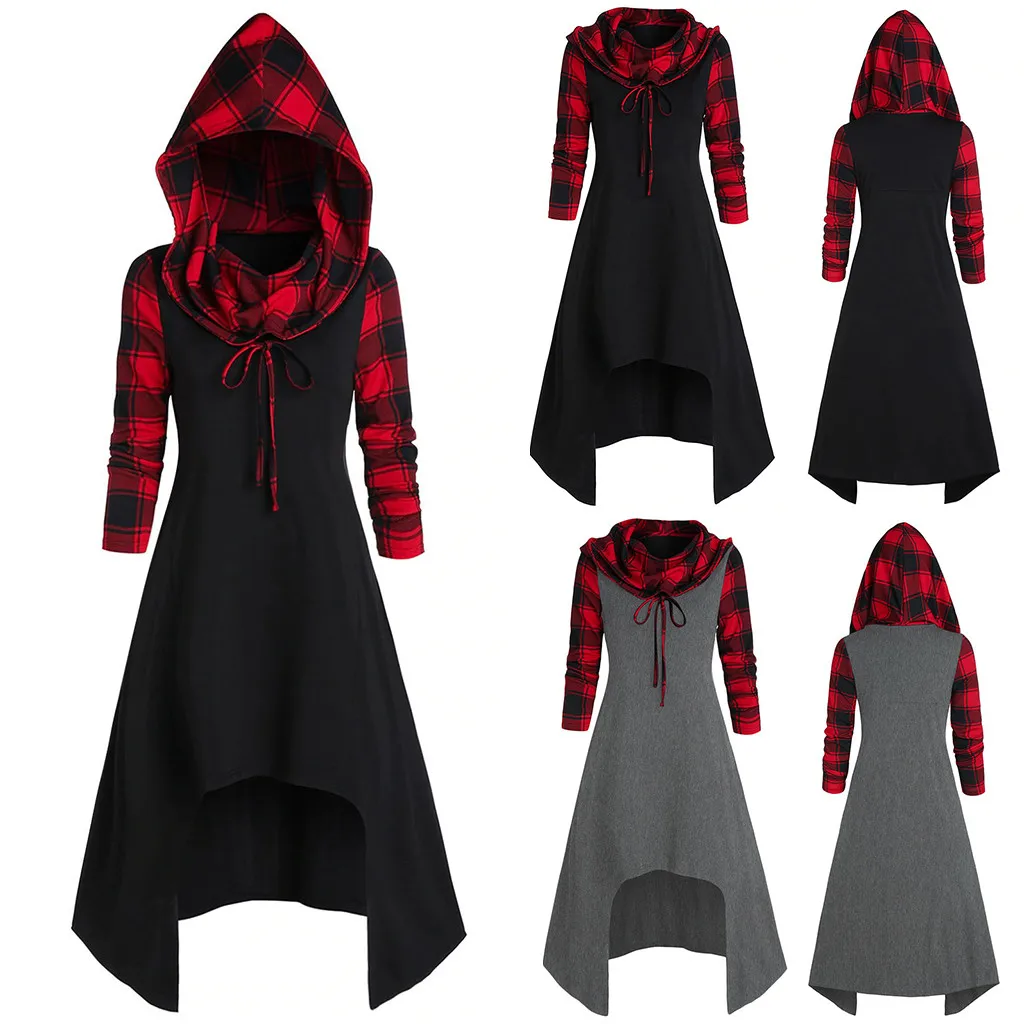 Женское клетчатое платье с капюшоном платье-трансформер средней длины длинным