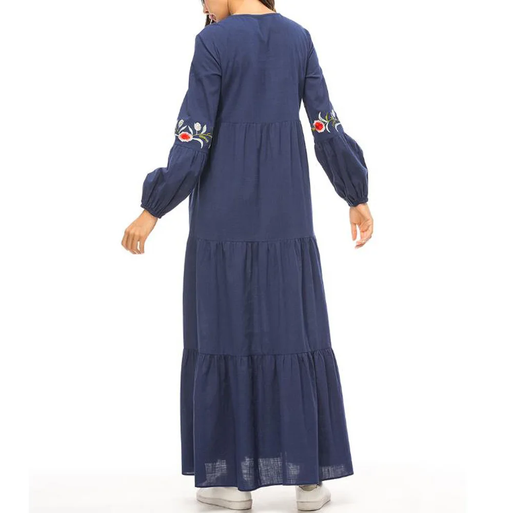 Plus Size Loose Kaftan Dress Vintage Floral Embroidery Muslim Maxi Long Sleeved Large Women Robe Longue Femme | Женская одежда