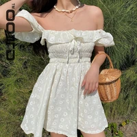 sexy ruffles women puffed sleeves dress square neck bow slim waist floral dresses new 2021 summer girls princess pleated dresses