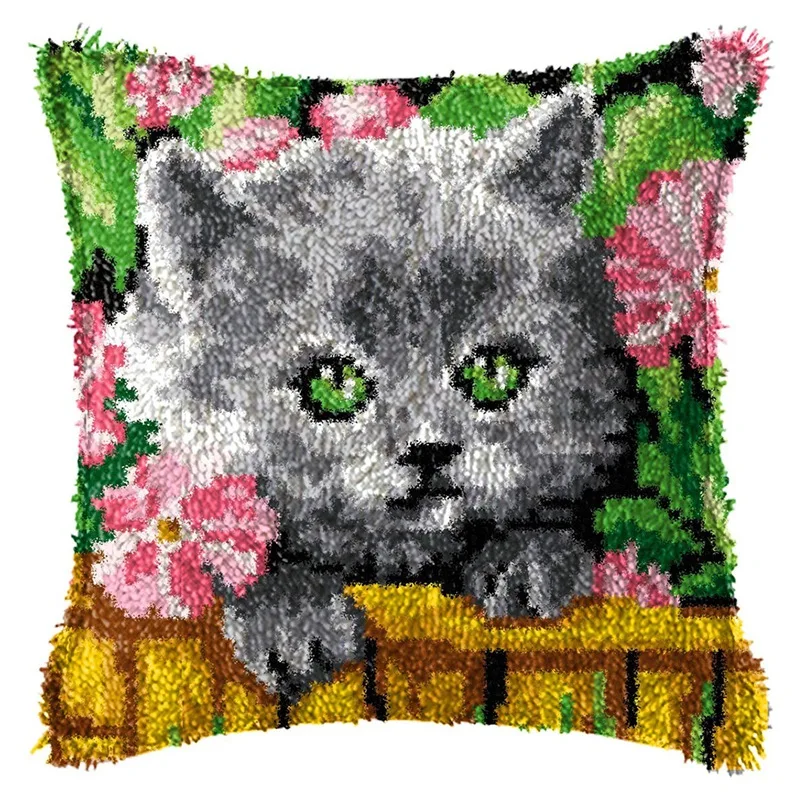 

Latch Hook Kits For DIY Throw Pillow Cover,Flower Cat Needlework Cushion Cover Hand Craft Crochet 16.5X16.5Inch