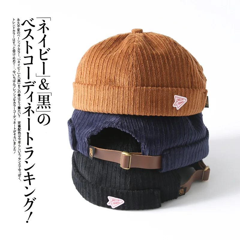 

Corduroy Brimless Docker Leon Cap Adjustable Street Casual Sailor Skullcap Beanie Hat No Brim Rolled Cuff Retro Trucker Worker