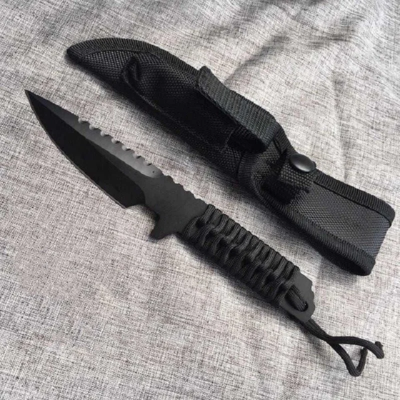 

HYSENSS Stainless Steel 58hrc Outdoor Straight Knife Field Portable Survival Hardness Handle Black Orange Rope Edc Utility Knife