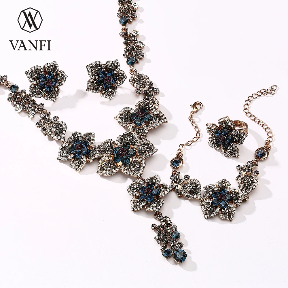 

Kfvanfi Luxury Pink Blue Rhinestones Jewellery Set Ring Stud Earrings Necklace Bracelet Jewelry Set Women For Party