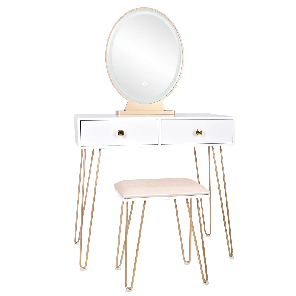 

Dressers Bedroom Iron Dressing Table Simple Dressing Table Golden Iron Foot White Desktop With Light Three-Color Adjustable