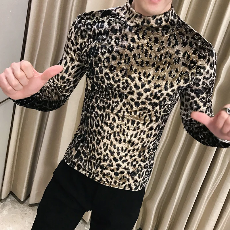 

Loldeal New Personality Leopard T Shirt Mens Spring Cotton T-shirts Summer Korean Tight Half-high Collar