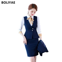 boliyae new women elegant waistcoat pants set v neck business suit career ladies office formal work wear vest skirt 2 piece set